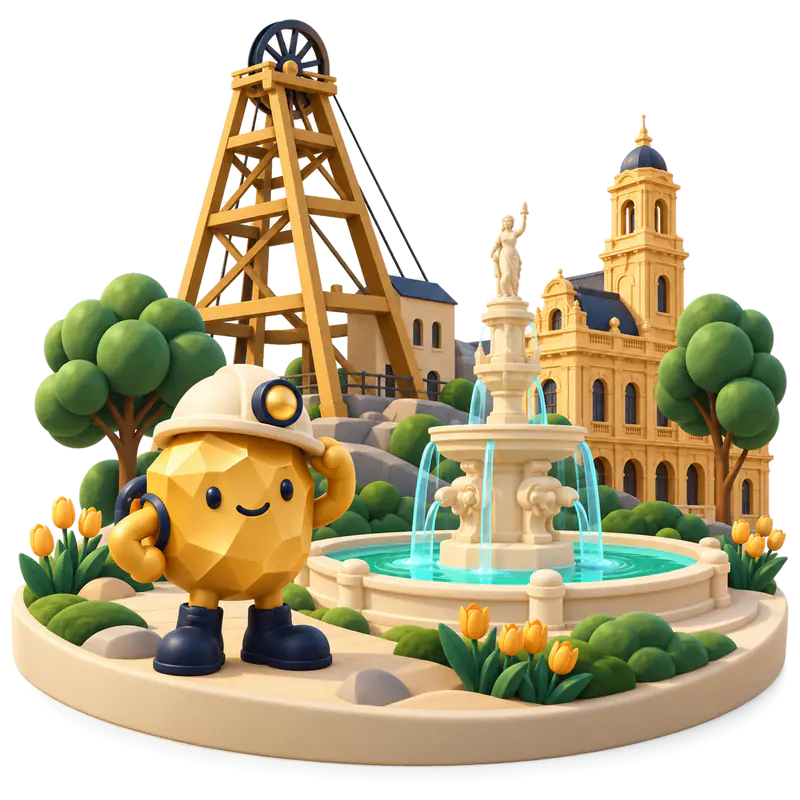 Clay-style miniature of Bendigo: a smiling gold nugget in a miner’s helmet beside a fountain, with a mine poppet head and an ornate sandstone building behind.